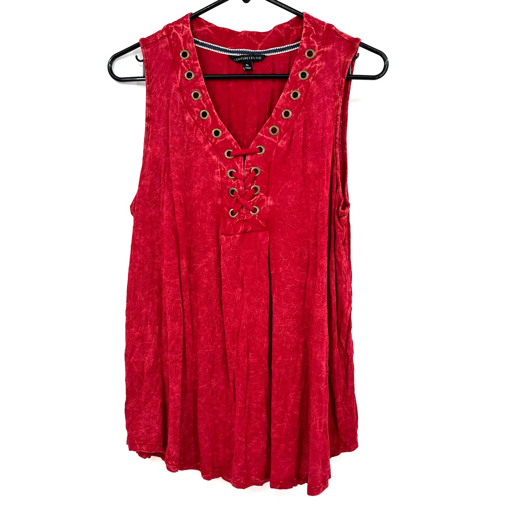 Signature Studio size XL v neck red tank‎ top blouse top shirt grommet detail